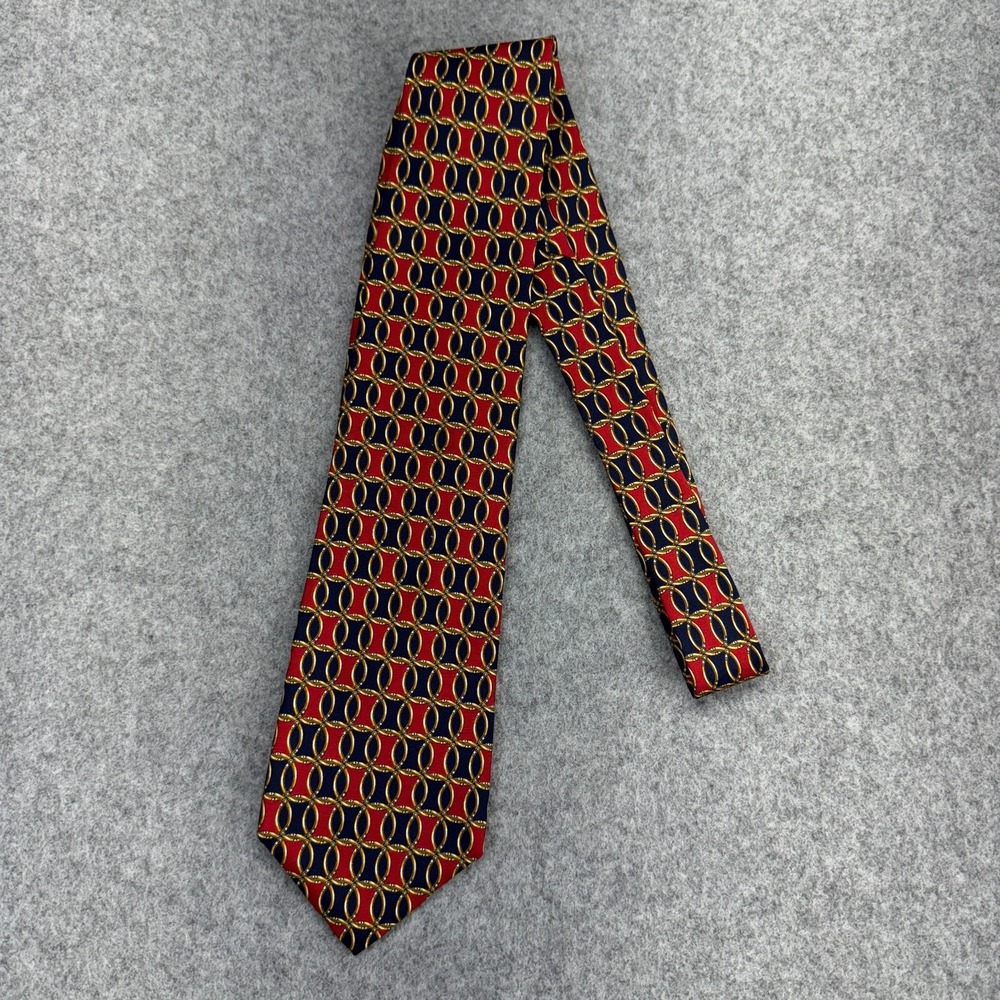 Bert Pulitzer Tie Red Gold Navy Geometric All Silk Necktie Made in USA 58" Class